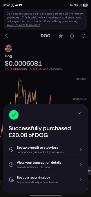 The image shows a phone screen displaying a message from a trading app, stating that someone has successfully purchased $DOG at a rate of 20,000 units. The text also mentions that the user needs to set up a payment gateway for the transaction.