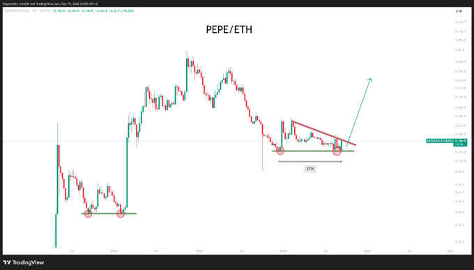 A TradingView chart for the PEPE/ETH trading pair on Binance, showing a descending triangle pattern with annotations including a 273% increase projection and an upward green arrow.