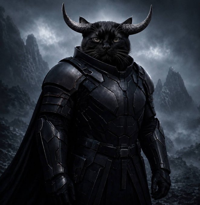 A fierce black cat with curved horns wears dark, ornate battle armor against a moody mountainous backdrop, fitting the edgy meme aesthetic of the $BBC memecoin stealth launch promotion.