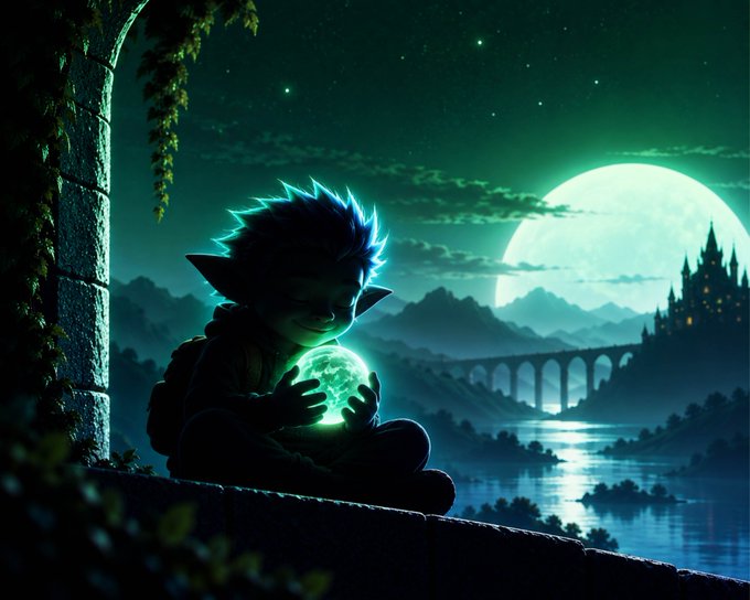 A digital fantasy illustration depicting a small elf-like creature with pointed ears holding a glowing green orb, silhouetted against a night sky with a full moon, a distant castle, and a stone bridge over water.