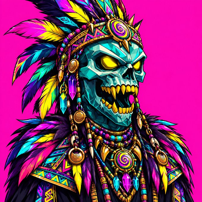 A vibrant digital illustration of a teal-colored skull adorned with a colorful feathered headdress, tribal jewelry, and beaded necklaces, set against a bright pink background.