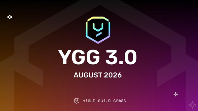 A promotional graphic for Yield Guild Games announcing "YGG 3.0" launching in August 2026, featuring the company's hexagonal Y logo against a gradient purple and orange background. The bold, centered design ties directly to the post's announcement of a new strategic direction for the guild.