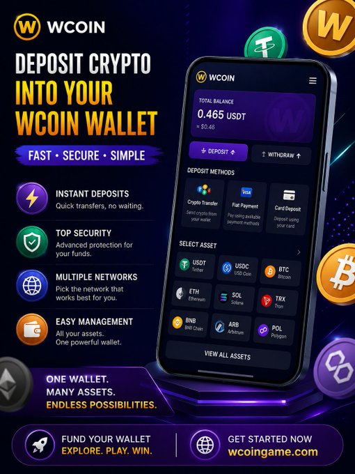 Promotional graphic for WCOIN wallet advertising 'Deposit Crypto Into Your WCOIN Wallet' with features like instant deposits, top security, multiple networks, and easy management, showing the app interface with a 0.465 USDT balance at wcoingame.com.