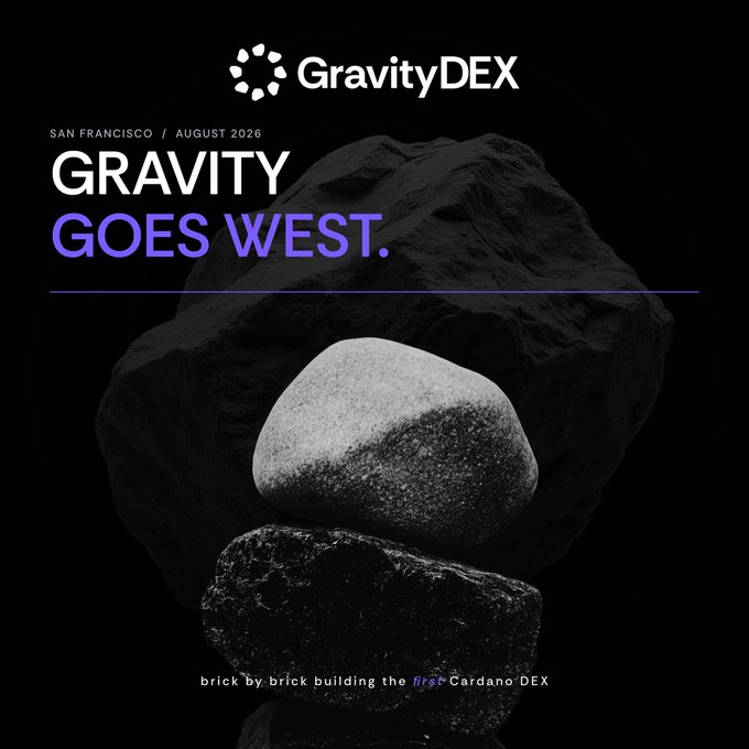 A promotional graphic for GravityDEX featuring stacked stones on a black background with the text "GRAVITY GOES WEST" and "SAN FRANCISCO / AUGUST 2026." The image references GravityDEX's selection for the Genesis acceleration program at Draper University, with the phrase "brick by brick building the first Cardano DEX" reinforcing the stacked-rock imagery as a visual metaphor for the team's methodical expansion into Silicon Valley.
