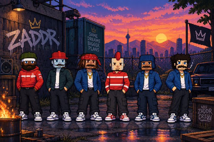 Pixel art illustration of six cartoon streetwear characters with crowns labeled 'ZADDR' against a sunset city backdrop with graffiti reading 'Same dreams bigger plans'.