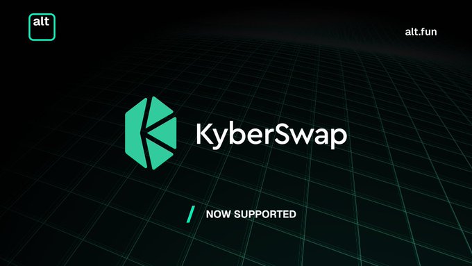 The image features a logo for a cryptocurrency called @KyberNetwork, which has been updated with a new feature that allows users to support alt(.)fun. The text "alt(.)fun is now supported" is displayed below the logo, indicating the change in status of the feature.