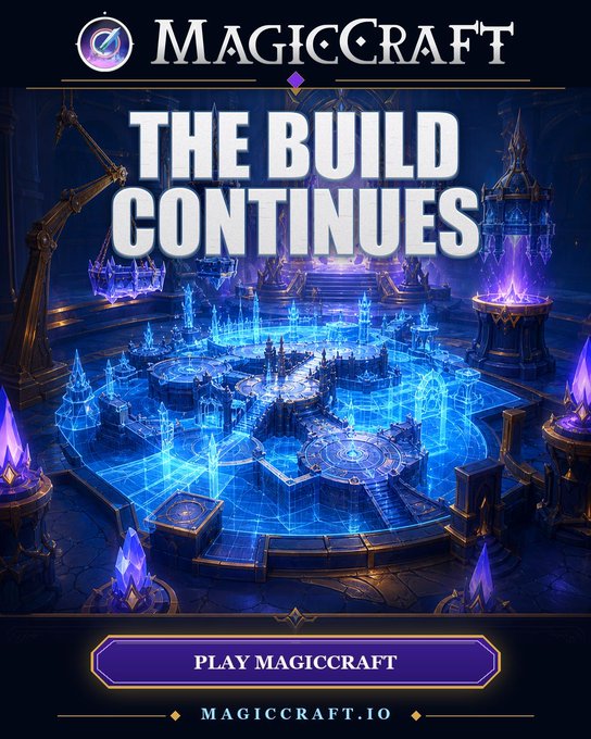 Promotional artwork for the game MagicCraft with the headline 'THE BUILD CONTINUES' over a glowing blue magical city scene, featuring a 'PLAY MAGICCRAFT' button and the URL MAGICCRAFT.IO.