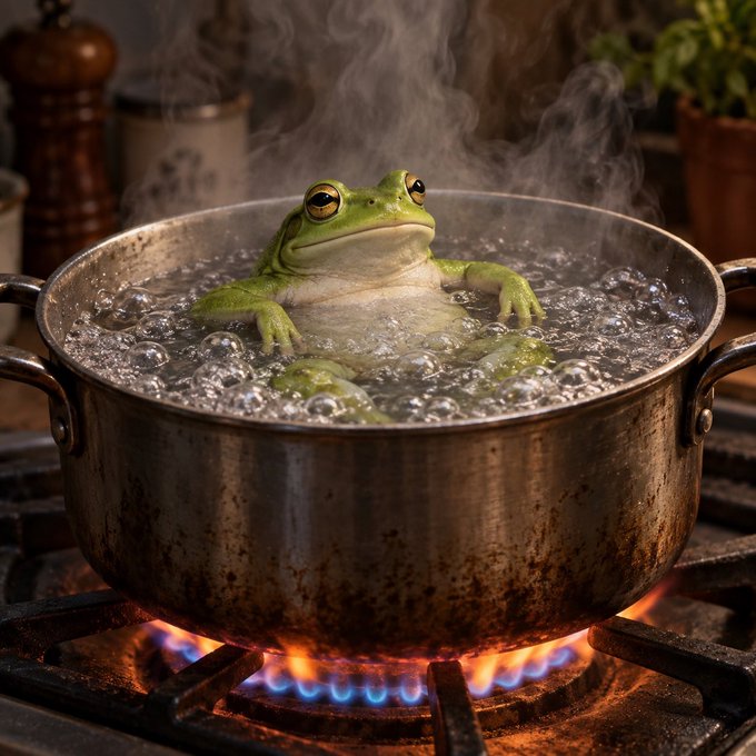 A green frog sits in a boiling pot of water over an open flame, unaware of the rising temperature. Like the frog who doesn't notice the gradual heat, most people fail to recognize that their money is slowly losing value, escaping blame games while the real issue—the devaluation of currency—goes unnoticed.
