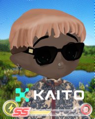 A digital avatar character with short hair, sunglasses, and an earring, labeled "KAITO" on a green background.