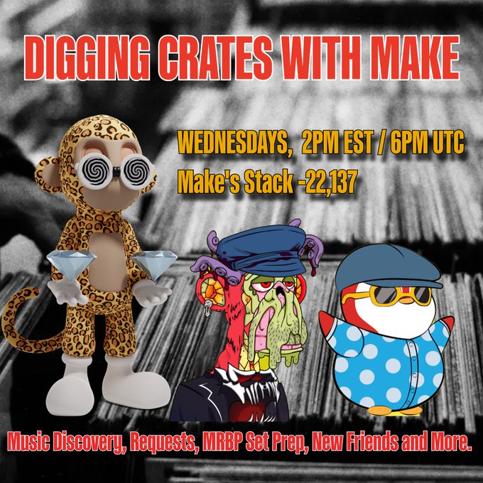 A promotional graphic for 'DIGGING CRATES WITH MAKE' event scheduled for Wednesdays at 2PM EST / 6PM UTC on Make's Stack -22,137, featuring cartoon monkey and penguin characters.