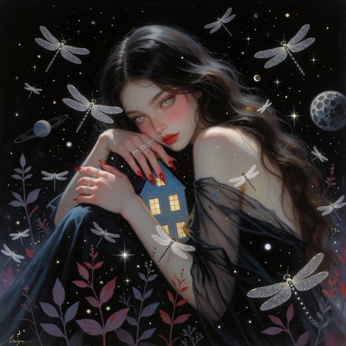 A dreamy digital painting shows a woman with long dark hair, red lipstick, and painted nails, cradling a glowing miniature house amid a starry night sky filled with dragonflies, planets, and a crescent moon, with a faint signature reading "Nancy" in the bottom corner. The serene, magical "goodnight" aesthetic mirrors the post's message about resting and letting the crypto market wait until morning.