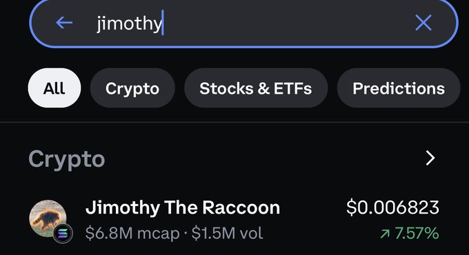A screenshot of a crypto search interface showing the search term 'jimothy' with the result 'Jimothy The Raccoon' priced at $0.006823 with a 7.57% increase.