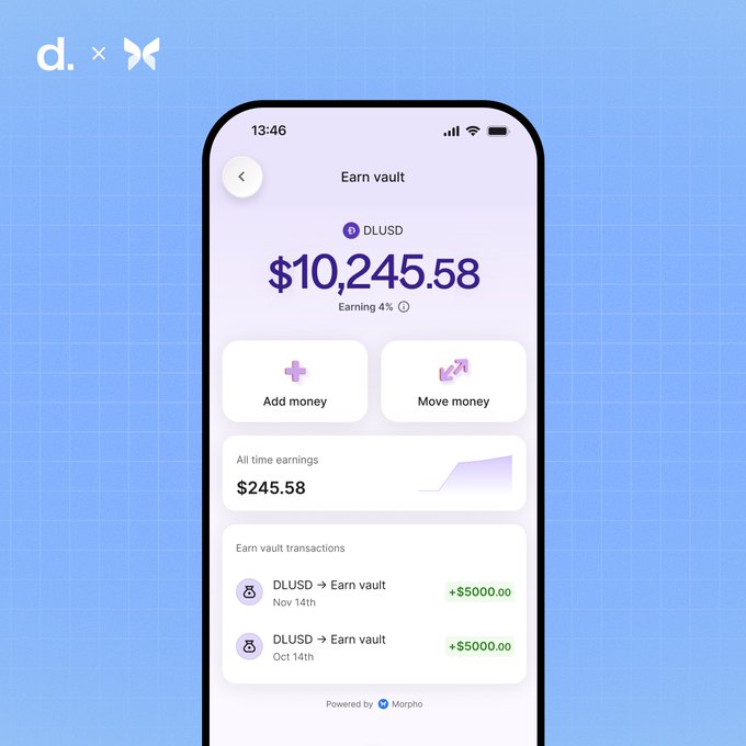 A mockup of the Deel app's "Earn vault" screen displaying a DLUSD balance of $10,245.58 earning 4% interest, with all-time earnings of $245.58 and recent deposit transactions of $5,000.00 each, powered by Morpho—illustrating how Deel contractors can now earn yield on their balances.