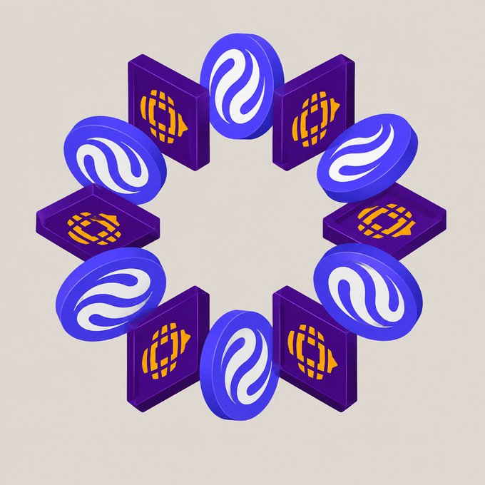 A circular arrangement of purple and blue token-like icons with swirl symbols and orange designs.