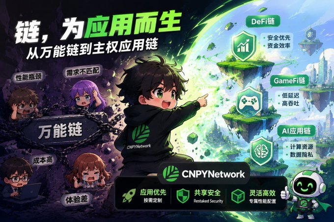 The image critiques "万能链" (Universal Chains) and their limitations like "性能瓶颈" (performance bottleneck) and "体验差" (poor experience), contrasting them with CNPYNetwork's vision of "主权应用链" (sovereign application chains). This aligns with the post's questioning of whether Web3's infrastructure growth has led to greater usability or just more noise, with CNPYNetwork striving to offer application-specific solutions like DeFi, GameFi, and AI chains.