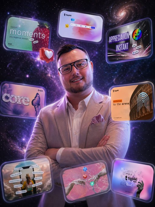 Promotional graphic showing a man with glasses in a tan blazer against a cosmic galaxy background, surrounded by app screens featuring phrases like 'moments,' 'APPRECIATION INSTANT,' 'core,' and 'to the arena,' along with 'tippikl' branding.