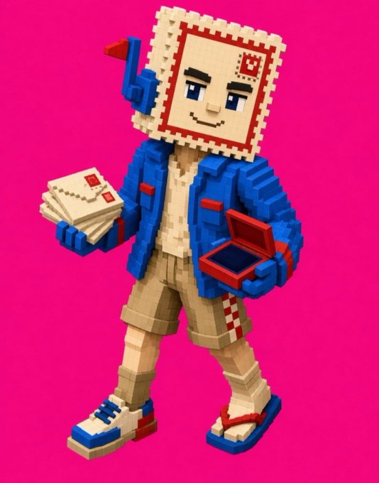 A 3D pixel art character with a boxy cardboard head, wearing a blue jacket and beige shorts, holds a stack of letters and an empty red box against a bright pink background.