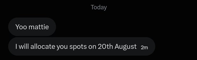 A text message exchange shows "Yoo mattie" followed by a reply stating "I will allocate you spots on 20th August" (timestamped 2m), implying a recent promise to provide whitelist spots. The accompanying post tagging @dollclubnft suggests this is a callout regarding unfulfilled allocation promises for that NFT project.