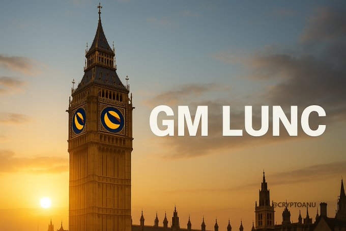 Image of Big Ben at sunset with 'GM LUNC' text overlaid and a '@CRYPTOANU' watermark.