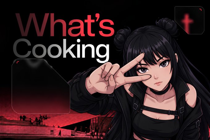 An anime-style illustration shows a dark-haired woman with twin buns making a peace sign, with the text "What's Cooking" in red and white, and a red cross icon in the top right corner.