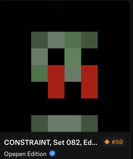 A pixel art composition on a black background featuring green and red blocks, titled 'CONSTRAINT, Set 082, Ed...' (Opepen Edition #80).
