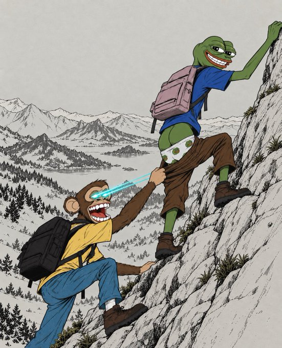 A whimsical illustration shows a monkey wearing a yellow shirt and blue pants, using a blue laser beam from its eye to cut the brown pants off a green frog-like creature wearing a blue shirt and pink backpack, as they climb a rocky mountain.