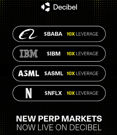 A Decibel promotional graphic announcing new perpetual (PERP) markets with 10X leverage for $BABA, $IBM, $ASML, and $NFLX, stating 'NEW PERP MARKETS NOW LIVE ON DECIBEL'.