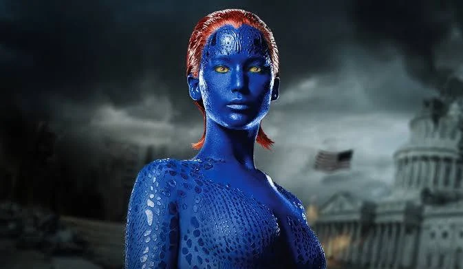 A blue-skinned female character with red hair, resembling Mystique from X-Men, stands in the foreground with the U.S. Capitol building visible in the background.