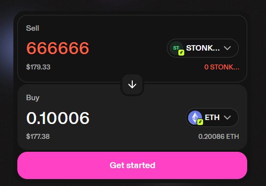 A trading interface shows selling 666,666 STONK tokens for $179.33 and buying 0.10006 ETH for $177.38, with a pink "Get started" button below. The image illustrates the post's claim that each NFT is valued at roughly 0.1 ETH, as the buy order requires approximately 0.20086 ETH for the full listed amount.