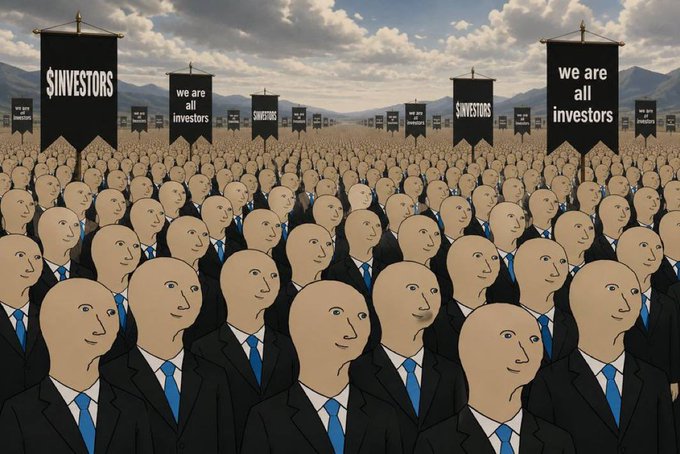 A massive crowd of identical bald men in suits holding banners reading "$INVESTORS" and "we are all investors" under a cloudy sky.