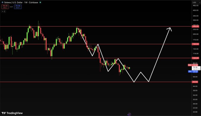 A TradingView weekly chart of SOL/USD on Coinbase shows price currently at $76.33, with a hand-drawn white arrow illustrating a projected dip toward the $40-50 support zone before a sharp rally toward $220+, aligning with the post's view of a potential Q3/Q4 dip as a buying opportunity. Key visible levels include resistance markers at $223.84, $130.33, and $98.74, and support at $48.38.