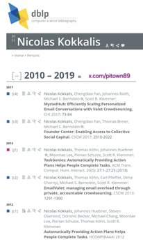 The image is a Stanford University DBLP computer science bibliography page for researcher Nicolas Kokkalis, listing his publications from 2010-2019, including co-authored works on crowdsourcing at Stanford with researchers like Chengdian Fan, Michael S. Bernstein, and Eytan Adar, along with cited works on "Structured Crowdsourcing" and actions on social capital. The accompanying caption connects this to Pi Network by highlighting that the cryptocurrency's Stanford research origins trace back to academic papers like those shown in Kokkalis's publication record.