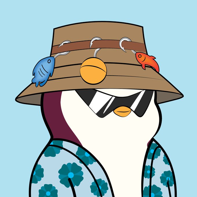A cartoon penguin wearing a brown bucket hat decorated with fish and a sun emblem, along with reflective sunglasses and a blue floral shirt.