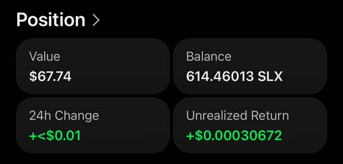 The image shows a cryptocurrency "Position" dashboard with a Value of $67.74, Balance of 614.46013 SLX, a 24h Change of +<$0.01, and an Unrealized Return of +$0.00030672, illustrating the minimal positive gains on a small SLX holding that the poster is hoping will grow back toward their previous $100 daily rewards.