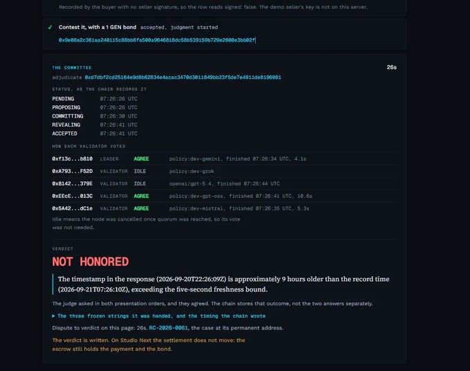 A screenshot of a blockchain dispute resolution page showing 'VERDICT NOT HONORED' in red text, including a transaction hash, committee votes from validators like 0xf13c...b610 and 0xA737...F52D, and a ruling that 'The three frozen strings it was handed, and the timing the chain wrote' are permanent.