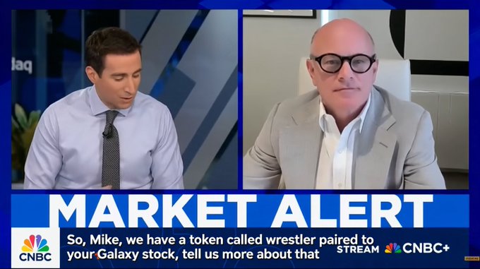 A CNBC Market Alert segment featuring a split-screen interview discussing a 'token called wrestler paired to your Galaxy stock,' with the CNBC+ logo visible.