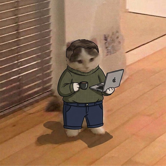 A digitally edited image of a cat with a cartoon human body wearing a green sweater and blue shorts, holding a coffee cup and a laptop.