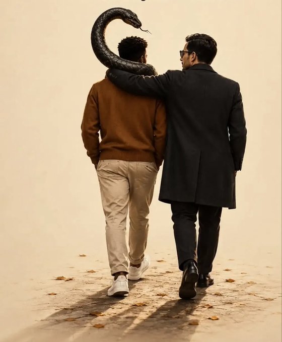 Two men walk side by side with their backs to the viewer, one in a brown jacket and the other in a black coat with his arm around the first, while a large black snake wraps around the first man's neck and shoulders.