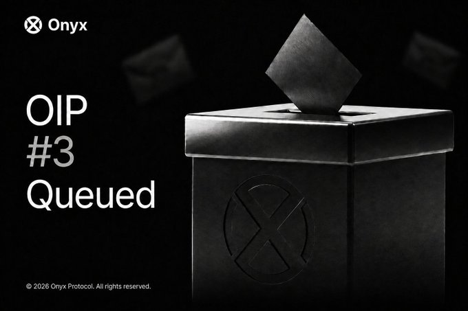 A sleek black ballot box branded with the Onyx "X" logo displays a ballot being inserted, visually representing the "OIP #3 Queued" status announcement from Onyx Protocol, indicating the governance proposal is now queued and awaiting execution in approximately 48 hours for $XCN token holders.