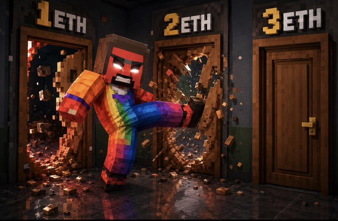 A Minecraft-style blocky character in a rainbow outfit kicks through a door labeled '2 ETH', shattering it, while doors labeled '1 ETH' (also broken) and '3 ETH' (intact) flank it.