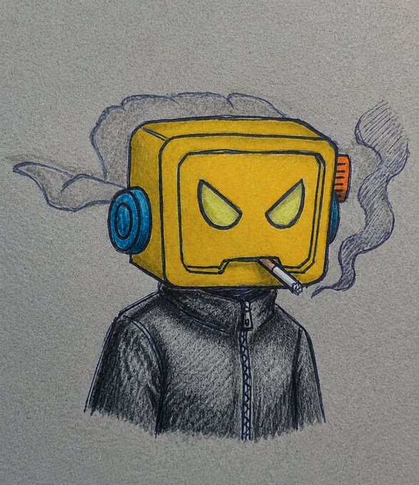 A hand-drawn pencil and colored pencil illustration of a character with a yellow boxy robot head, glowing green eyes, and a cigarette in its mouth, wearing a dark jacket with smoke trailing around it.