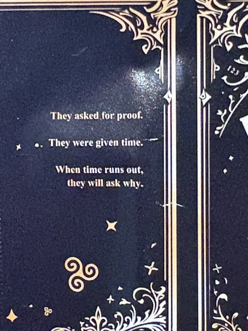 A page from a Fuzzy Card deck with an ornate dark blue and gold design reads: "They asked for proof. They were given time. When time runs out, they will ask why." The page is numbered 123 in the top right, relating to the post's mention of "sraebyzzuF NFTs are at 1220" and the broader discussion of Fuzzy Card rarity.