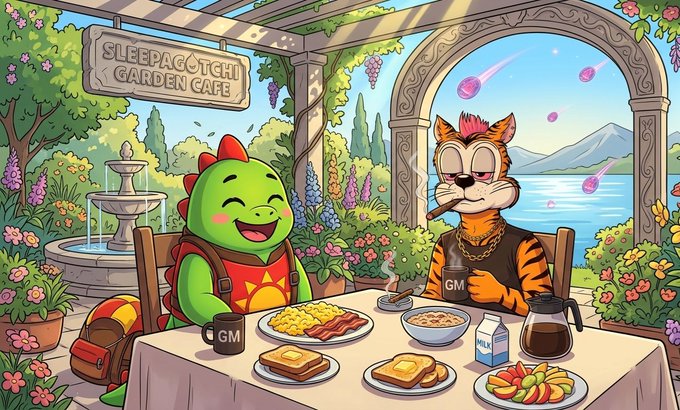 A cheerful green dinosaur character wearing a sun-emblazoned red shirt shares a hearty breakfast with an orange tiger friend at the "Sleepagotchi Garden Cafe," where steam rises from eggs, bacon, toast, and coffee in mugs labeled "GM." The vibrant garden setting ties into the post's theme of focusing on sleep patterns and wellbeing through @sleepagotchi, with the characters enjoying a relaxed morning meal together in nature.