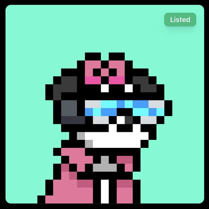 A pixel-art NFT of a character with pink hair and pink outfit against a mint green background, marked with a green "Listed" badge in the upper right corner.