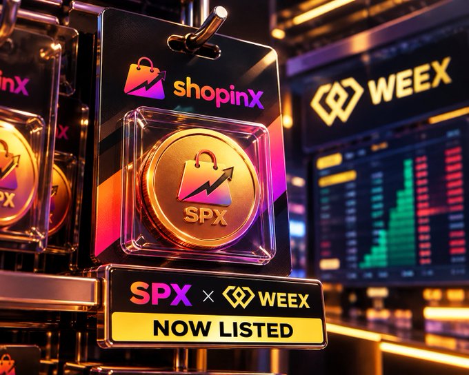 A digital advertisement banner announcing 'SPX x WEEX NOW LISTED' alongside an image of a gold SPX coin from Shopinx.