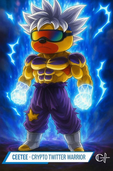 A digital illustration of a muscular yellow cartoon character wearing sunglasses, a star on its pants, and surrounded by blue energy, labeled 'CEETEE - CRYPTO TWITTER WARRIOR'.