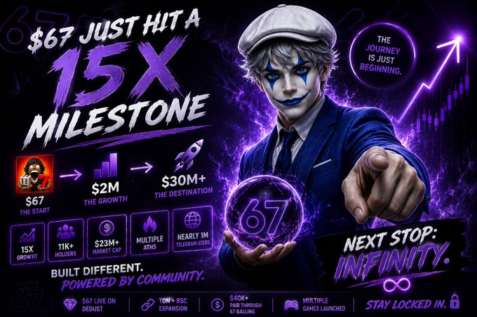 A vibrant purple promotional graphic featuring a jester-like character holding a glowing '67' orb, celebrating a '15X MILESTONE' with stats including '$67 THE START,' '$2M THE GROWTH,' '$30M+ THE DESTINATION,' '11K+ HOLDERS,' and 'NEARLY 1M TELEGRAM USERS,' alongside text like 'NEXT STOP: INFINITY' and 'STAY LOCKED IN.'