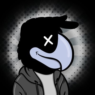 A cartoon character with a black hooded head, an X for an eye, and a wide grin, wearing a gray hoodie against a dotted radial background.