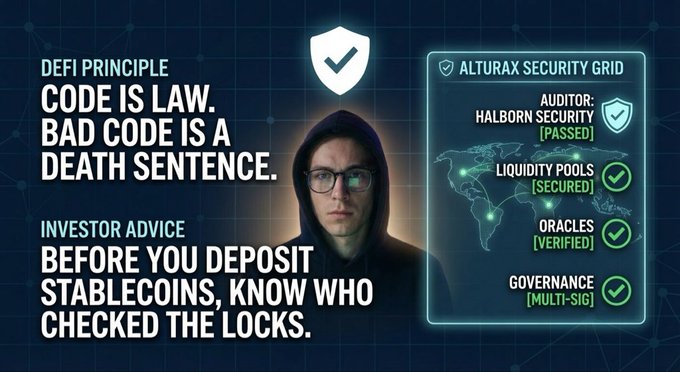 The image features an image of a man wearing glasses, possibly a hacker or a cybercriminal, with a caption that reads "In DeFi, code is law. But bad code is an immediate death sentence. Before you deposit a single stablecoin into a protocol, you shouldn't just look at the dashboard UI. You need to know who checked the locks." The image also includes text about the Altura Security Protocol, which warns about potential security threats and advises on safe cryptocurrency practices.