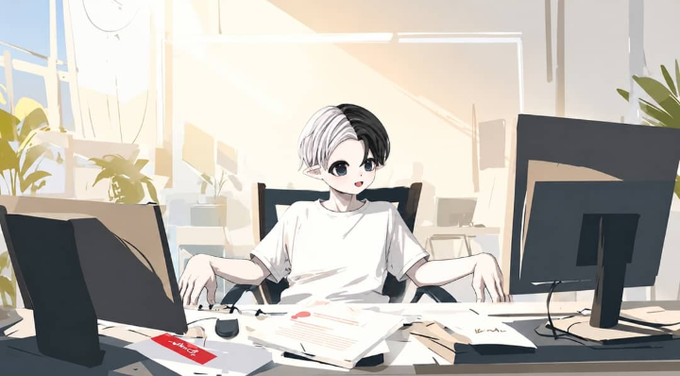 An anime-style illustration of a young person with black and white hair sitting at a desk between two computer monitors in a sunlit office.